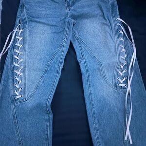 Edikted Blue Lace-Up Straight Leg Jeans